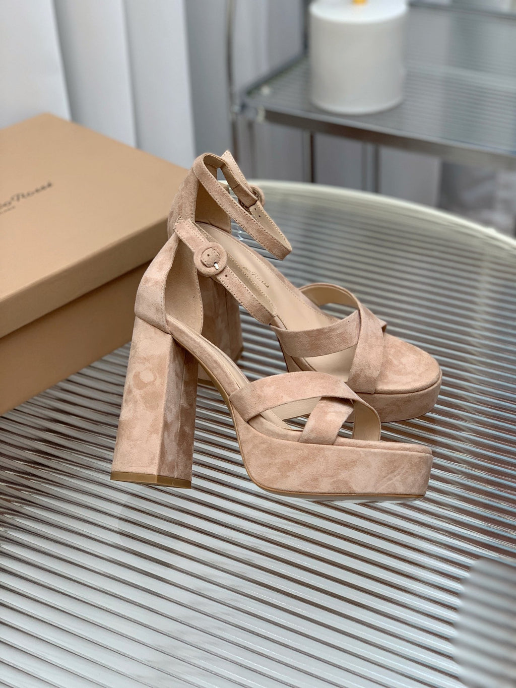 GIANVITO ROSSI 26S PLATFORM SANDALS 115 MM IN BEIGE SUEDE