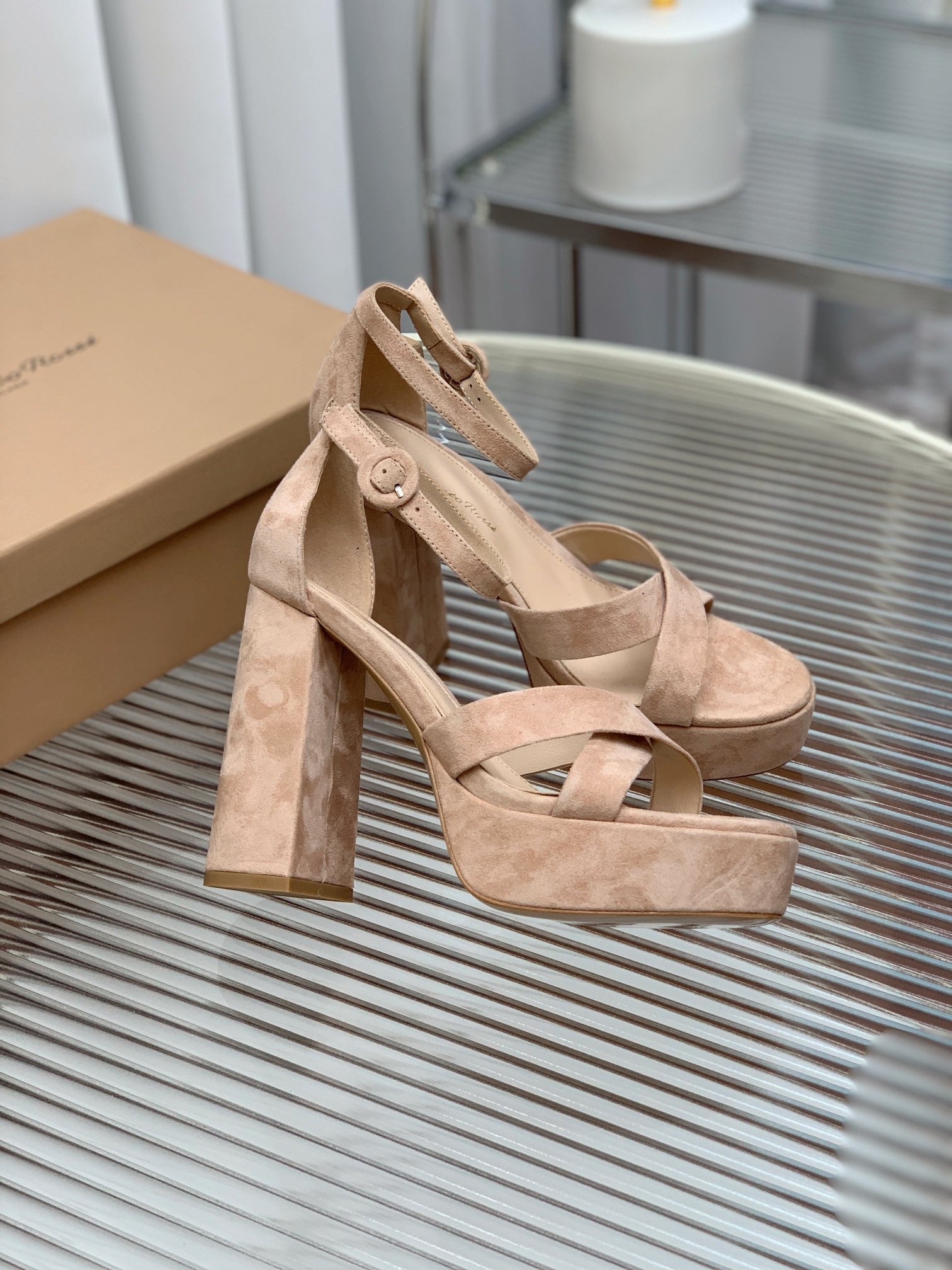 GIANVITO ROSSI 26S PLATFORM SANDALS 115 MM IN BEIGE SUEDE