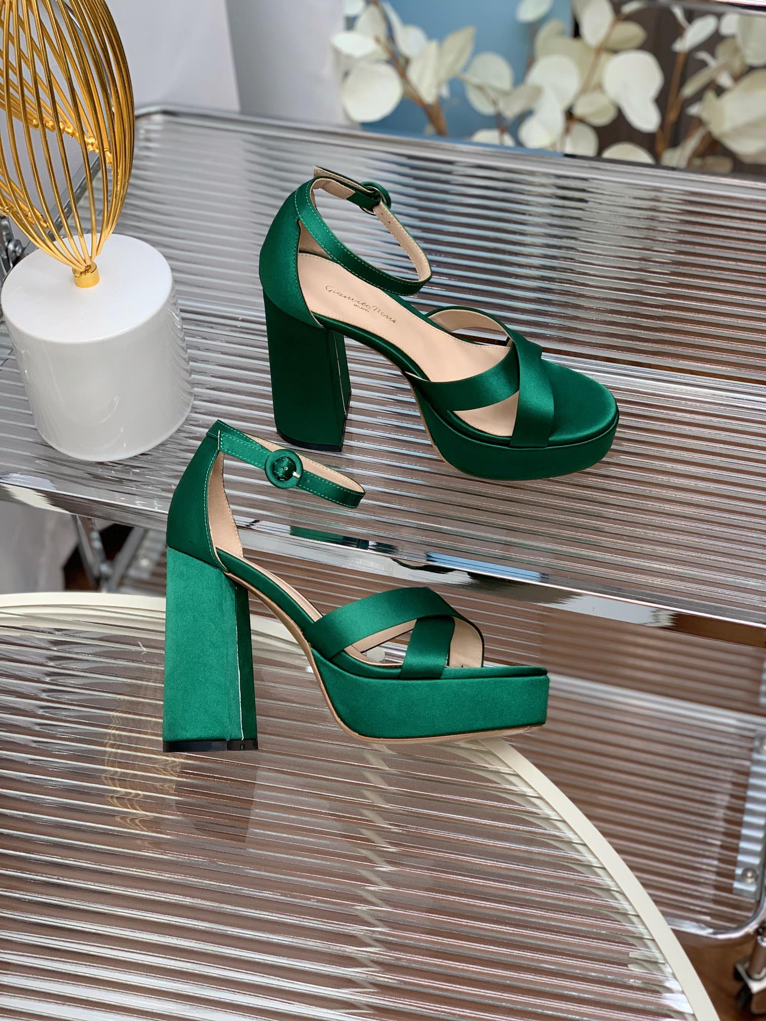 GIANVITO ROSSI 26S PLATFORM SANDALS 115 MM IN DARK GREEN SATIN