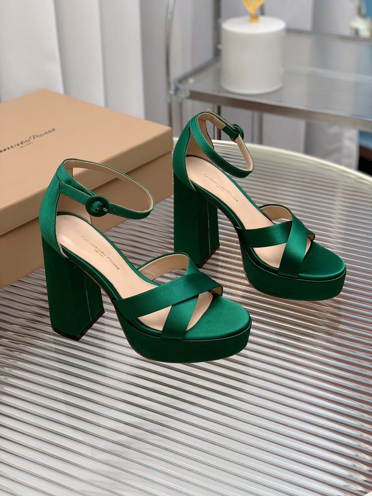 GIANVITO ROSSI 26S PLATFORM SANDALS 115 MM IN DARK GREEN SATIN