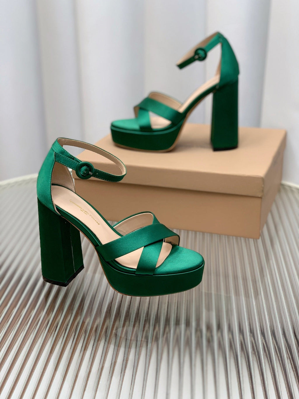 GIANVITO ROSSI 26S PLATFORM SANDALS 115 MM IN DARK GREEN SATIN