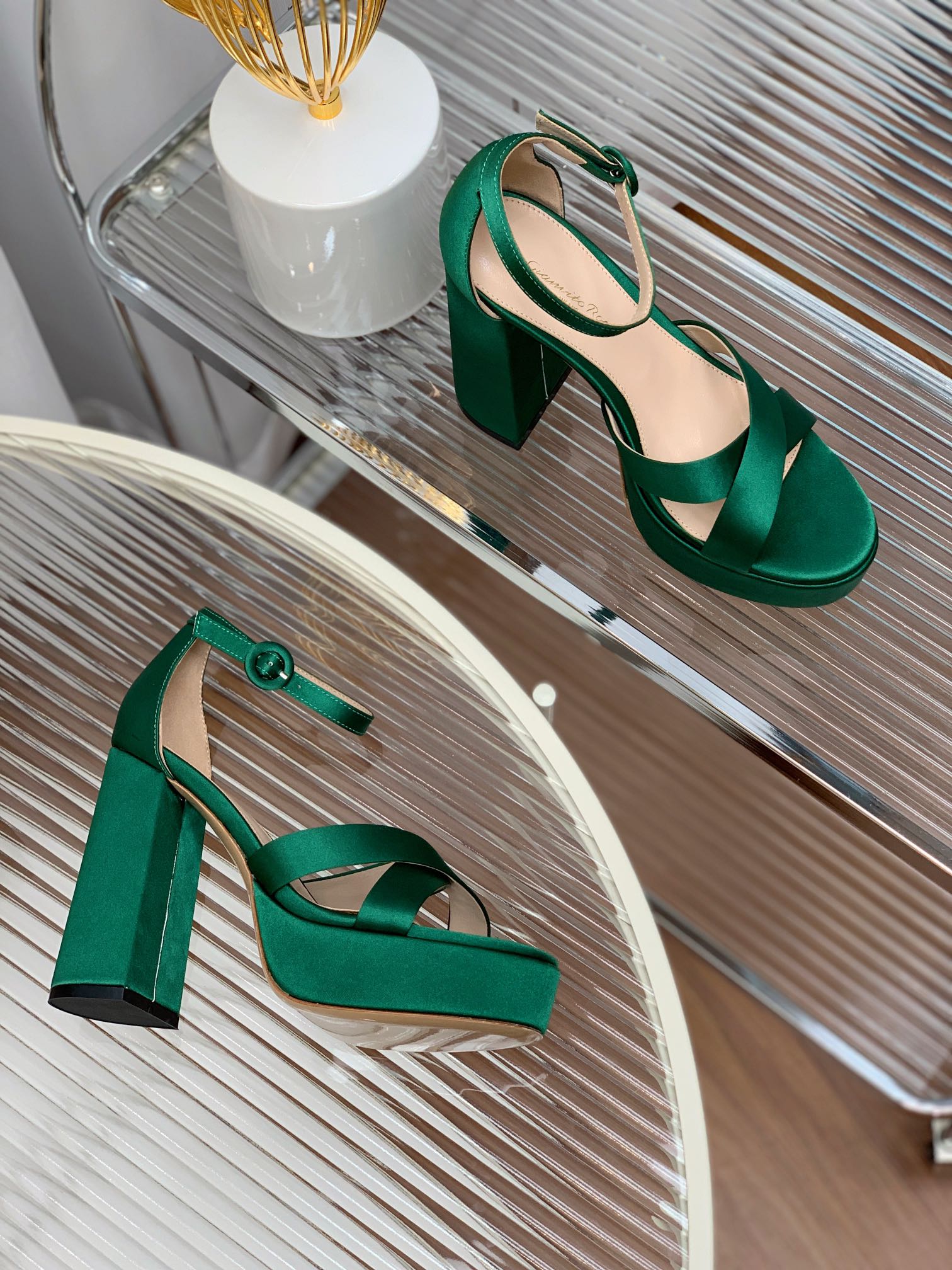 GIANVITO ROSSI 26S PLATFORM SANDALS 115 MM IN DARK GREEN SATIN