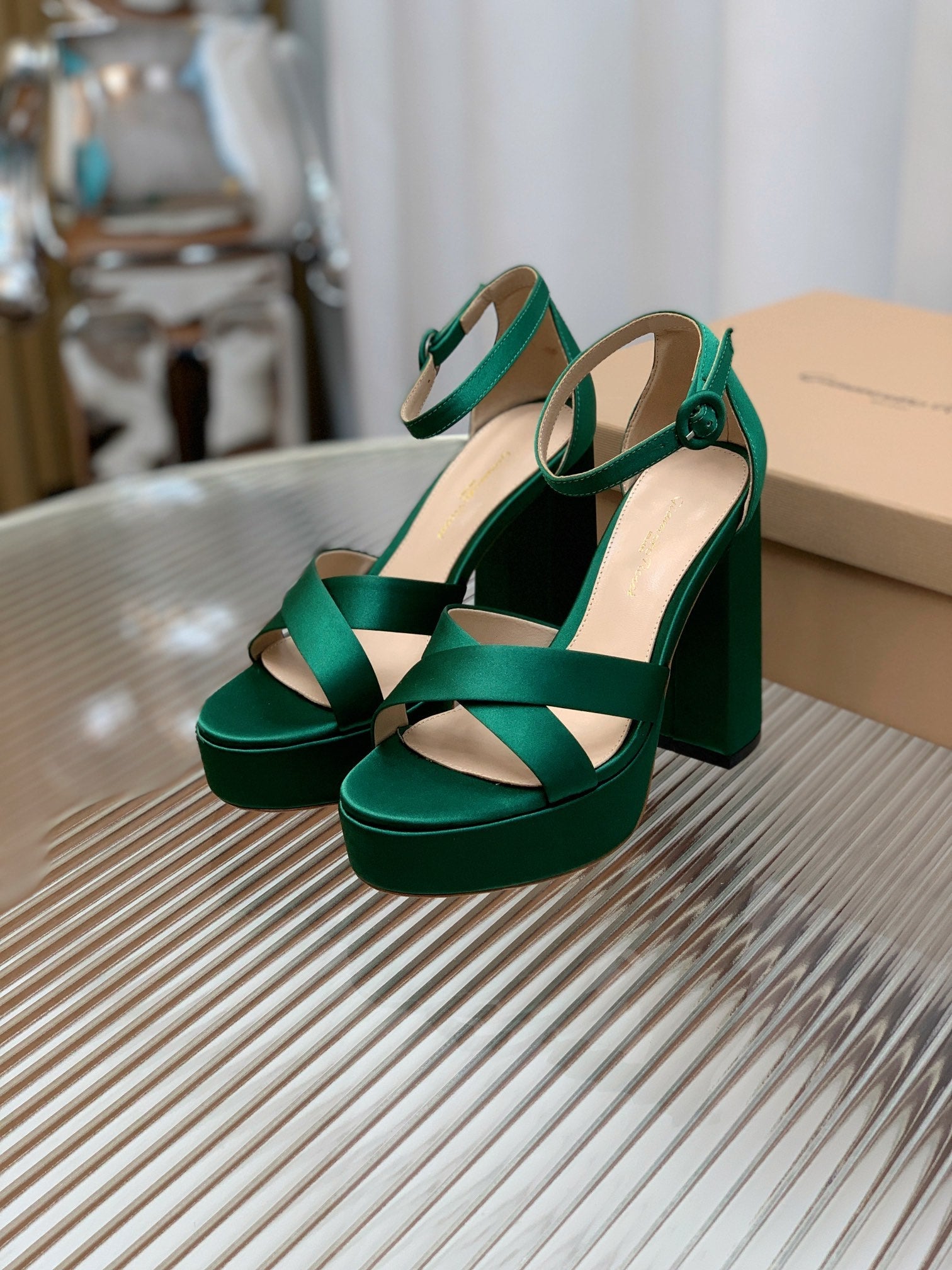 GIANVITO ROSSI 26S PLATFORM SANDALS 115 MM IN DARK GREEN SATIN