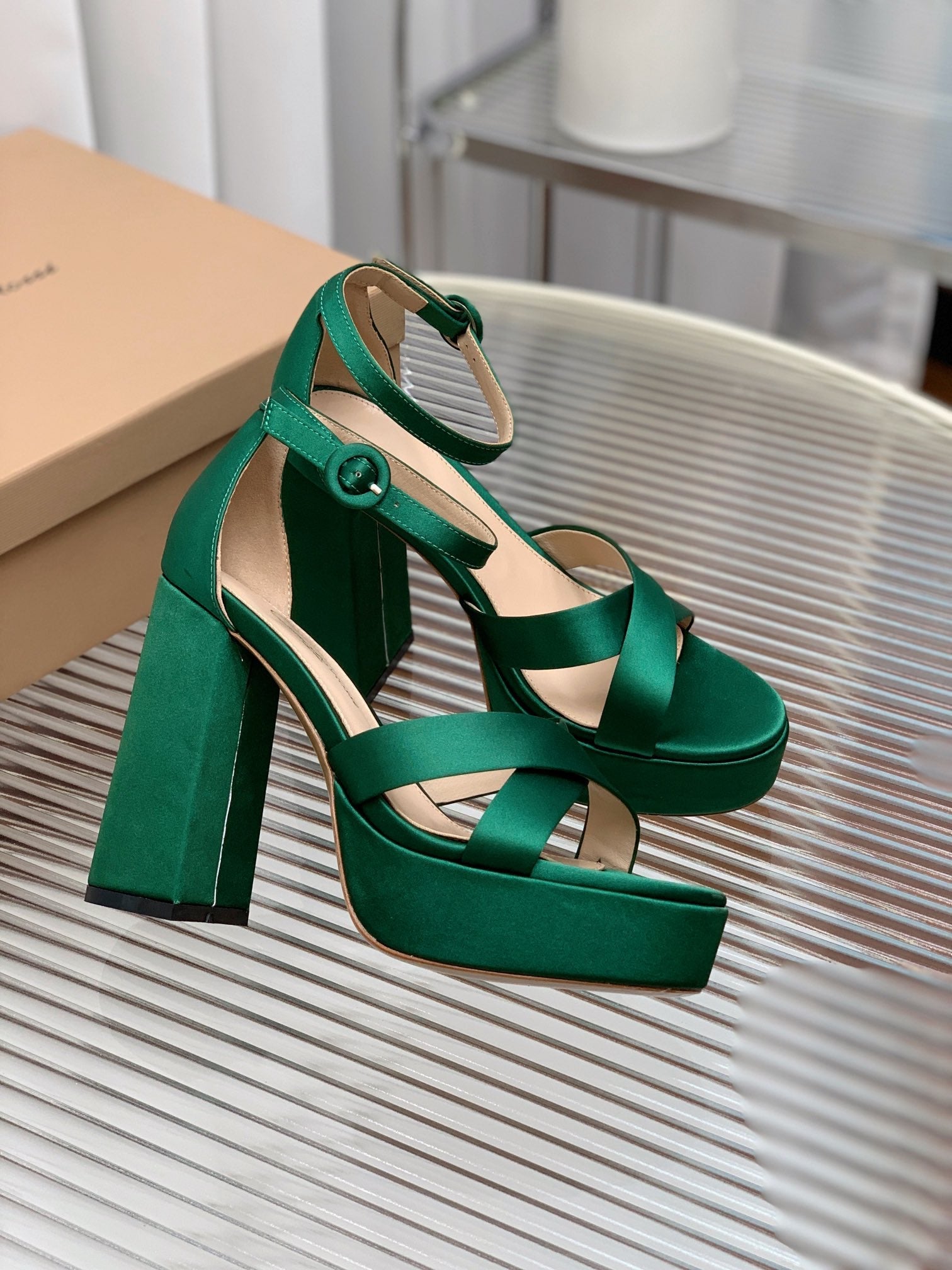 GIANVITO ROSSI 26S PLATFORM SANDALS 115 MM IN DARK GREEN SATIN