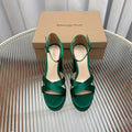 GIANVITO ROSSI 26S PLATFORM SANDALS 115 MM IN DARK GREEN SATIN