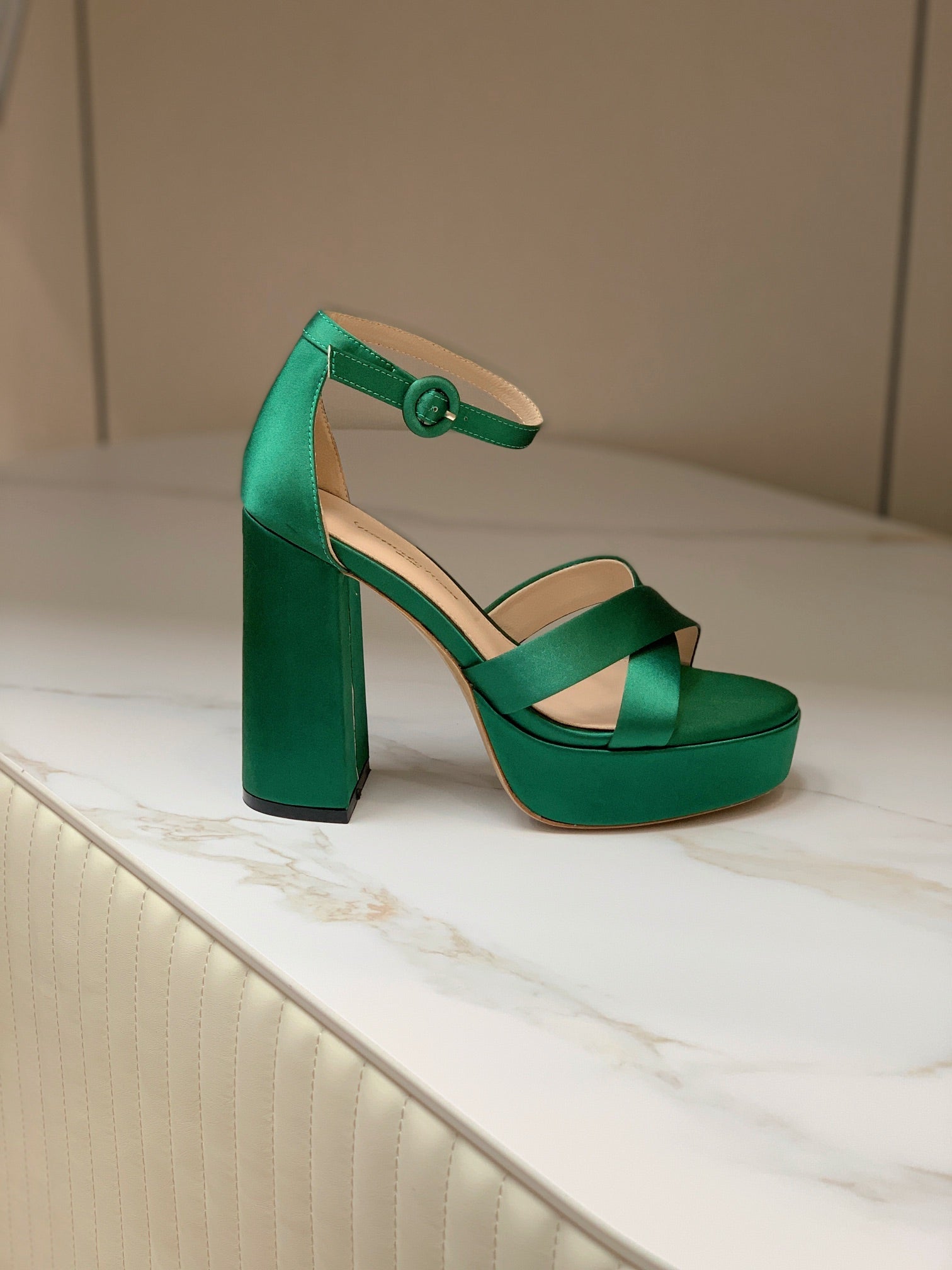 GIANVITO ROSSI 26S PLATFORM SANDALS 115 MM IN DARK GREEN SATIN