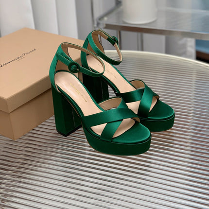 GIANVITO ROSSI 26S PLATFORM SANDALS 115 MM IN DARK GREEN SATIN