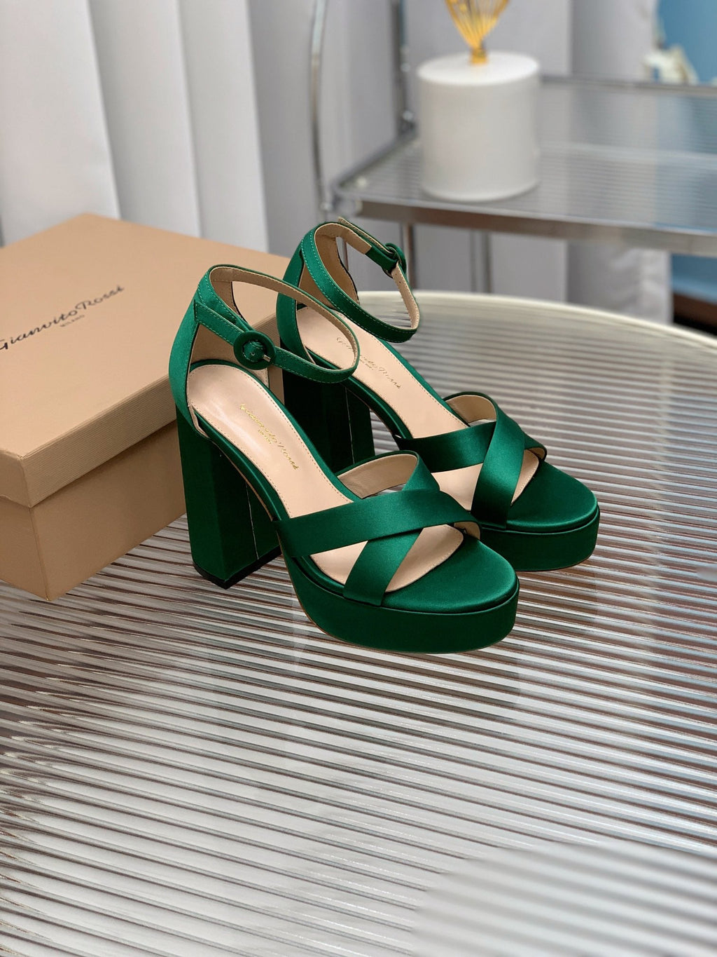 GIANVITO ROSSI 26S PLATFORM SANDALS 115 MM IN DARK GREEN SATIN
