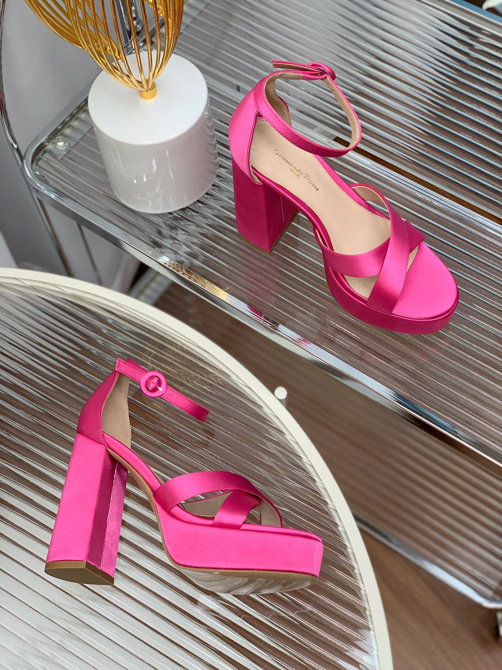 GIANVITO ROSSI 26S PLATFORM SANDALS 115 MM IN PINK SATIN