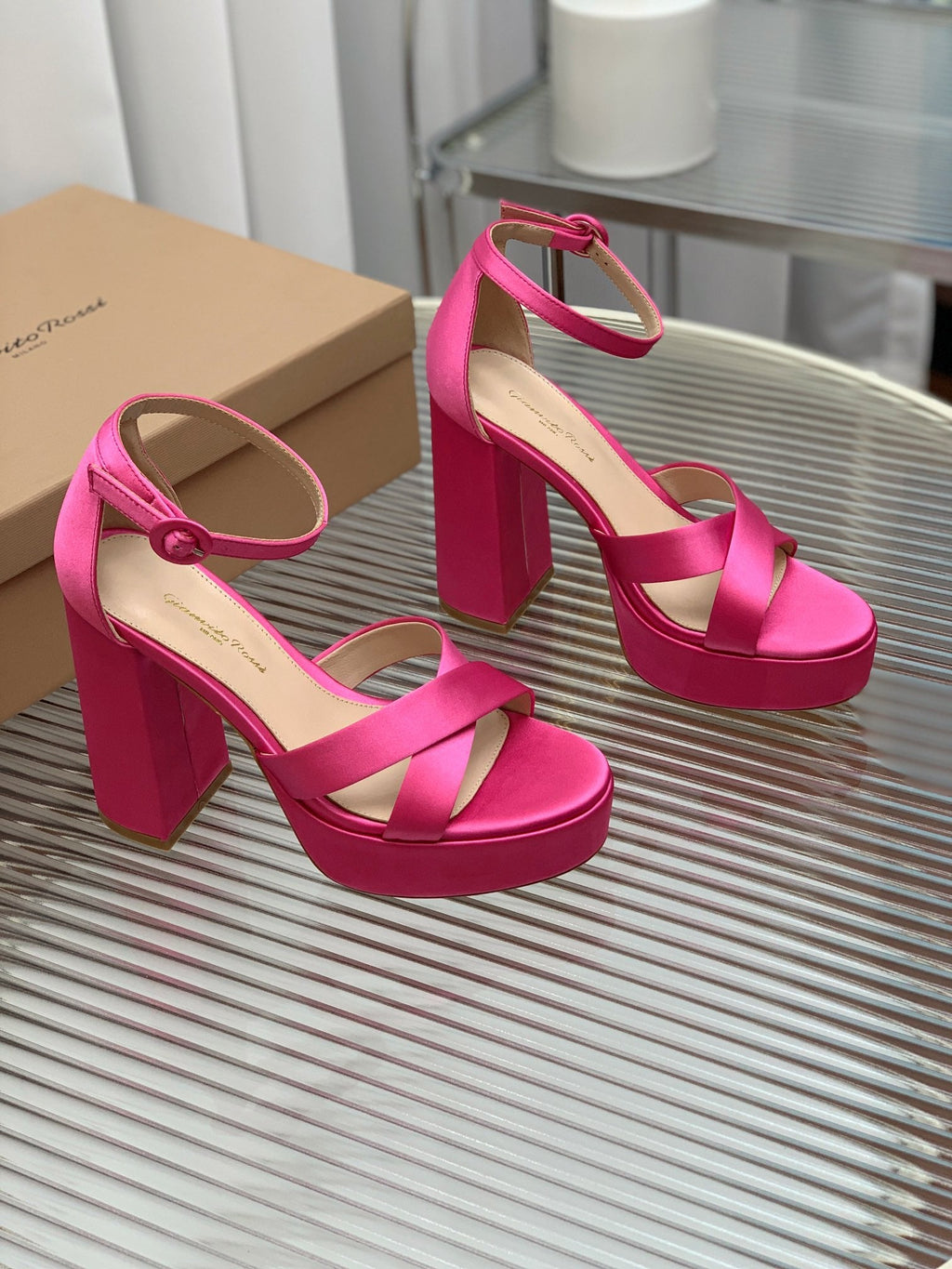 GIANVITO ROSSI 26S PLATFORM SANDALS 115 MM IN PINK SATIN
