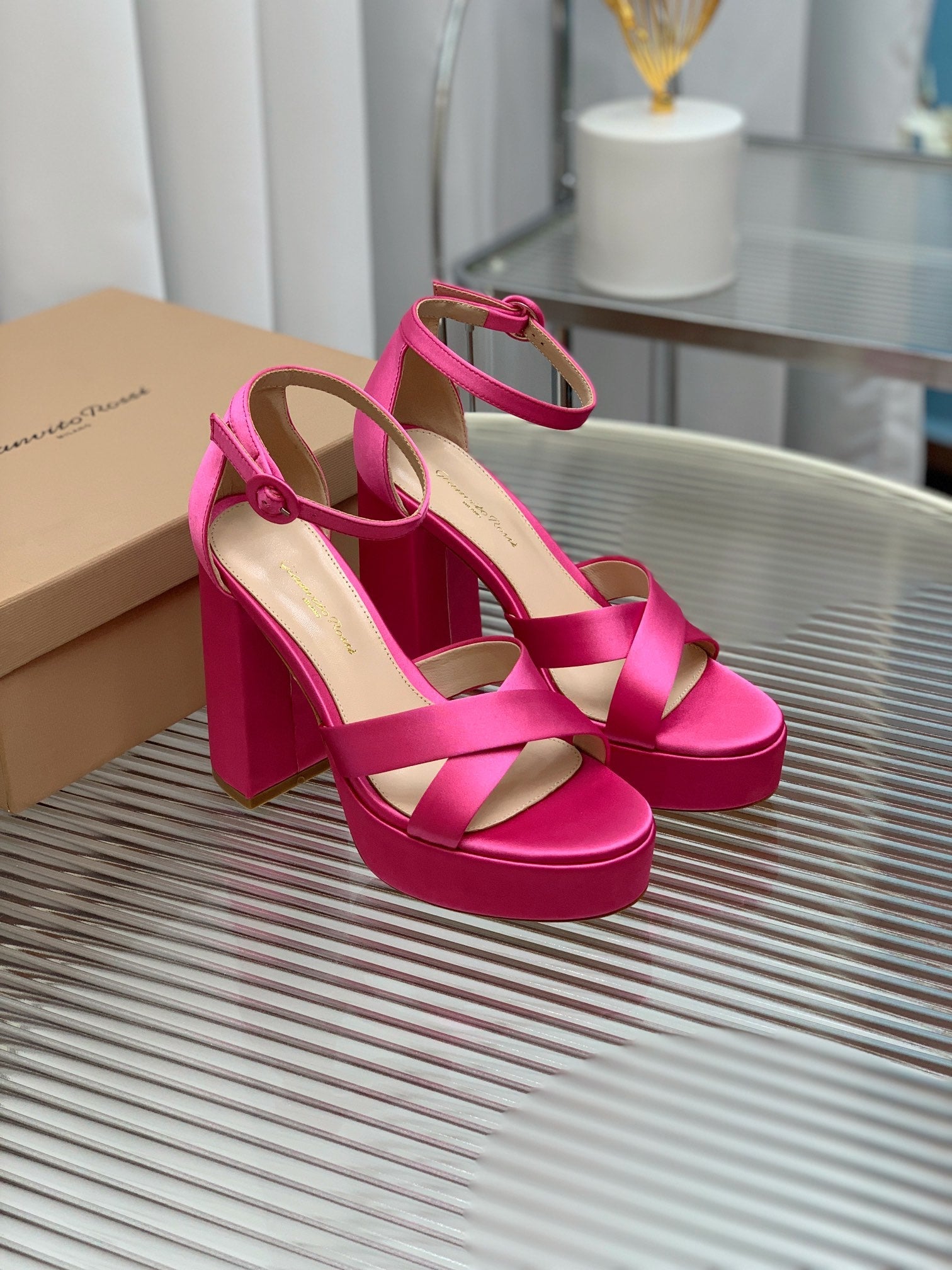 GIANVITO ROSSI 26S PLATFORM SANDALS 115 MM IN PINK SATIN
