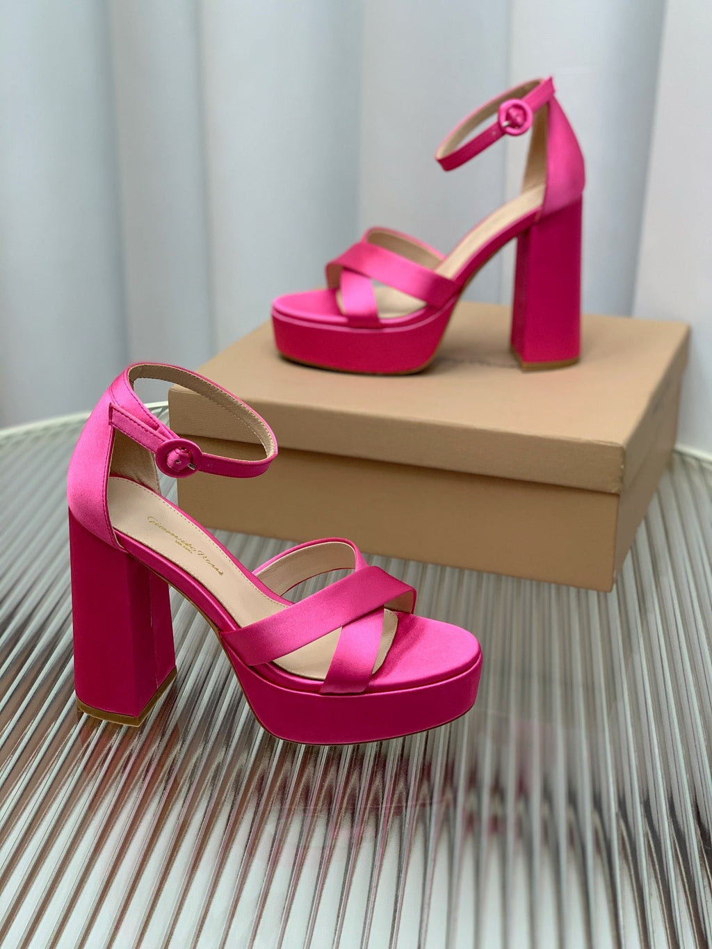 GIANVITO ROSSI 26S PLATFORM SANDALS 115 MM IN PINK SATIN
