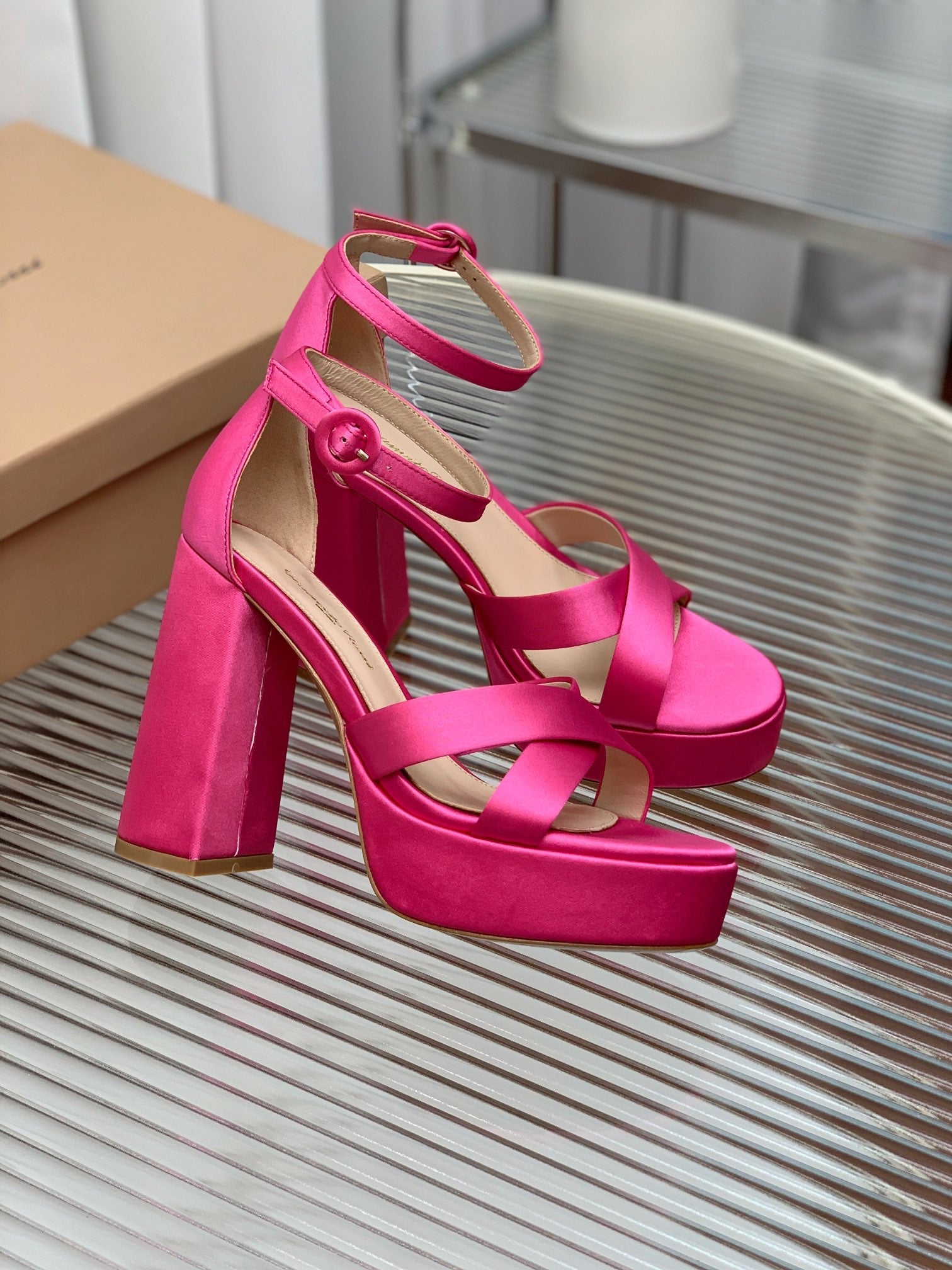 GIANVITO ROSSI 26S PLATFORM SANDALS 115 MM IN PINK SATIN