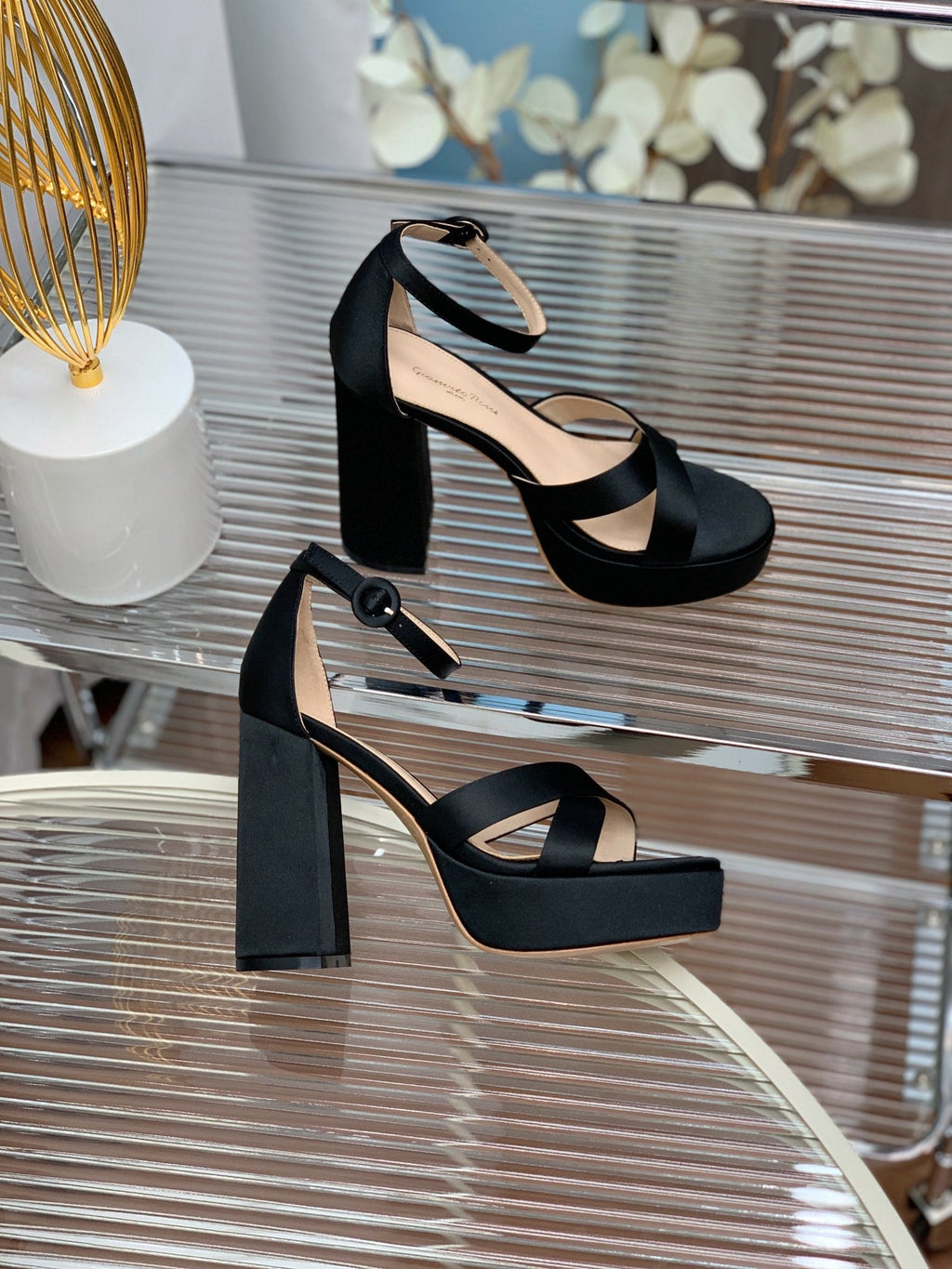 GIANVITO ROSSI 26S PLATFORM SANDALS 115 MM IN BLACK SATIN