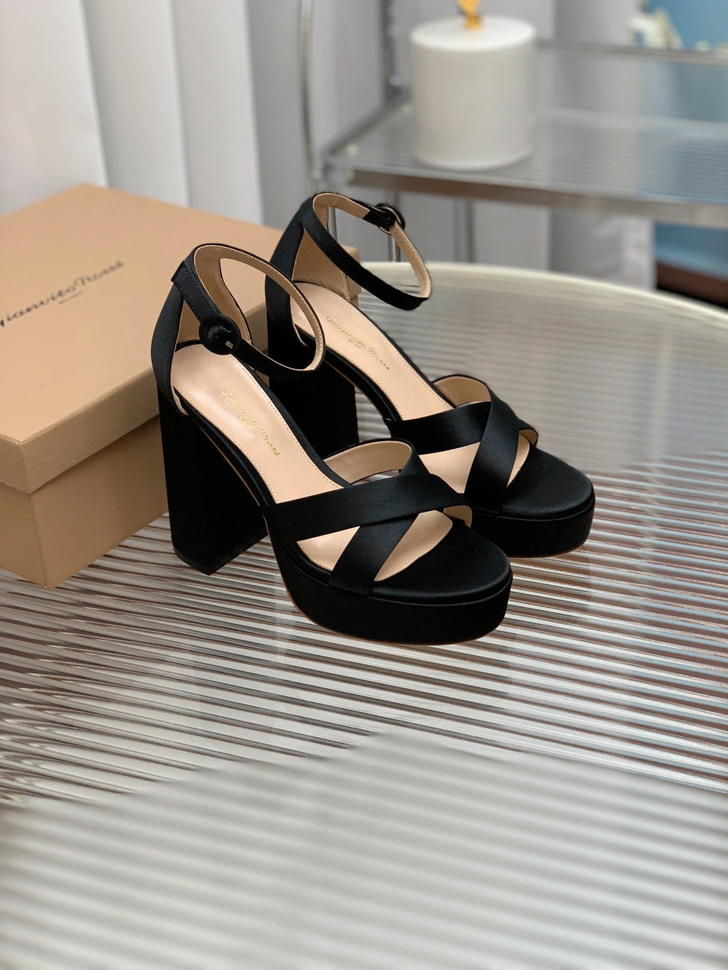 GIANVITO ROSSI 26S PLATFORM SANDALS 115 MM IN BLACK SATIN