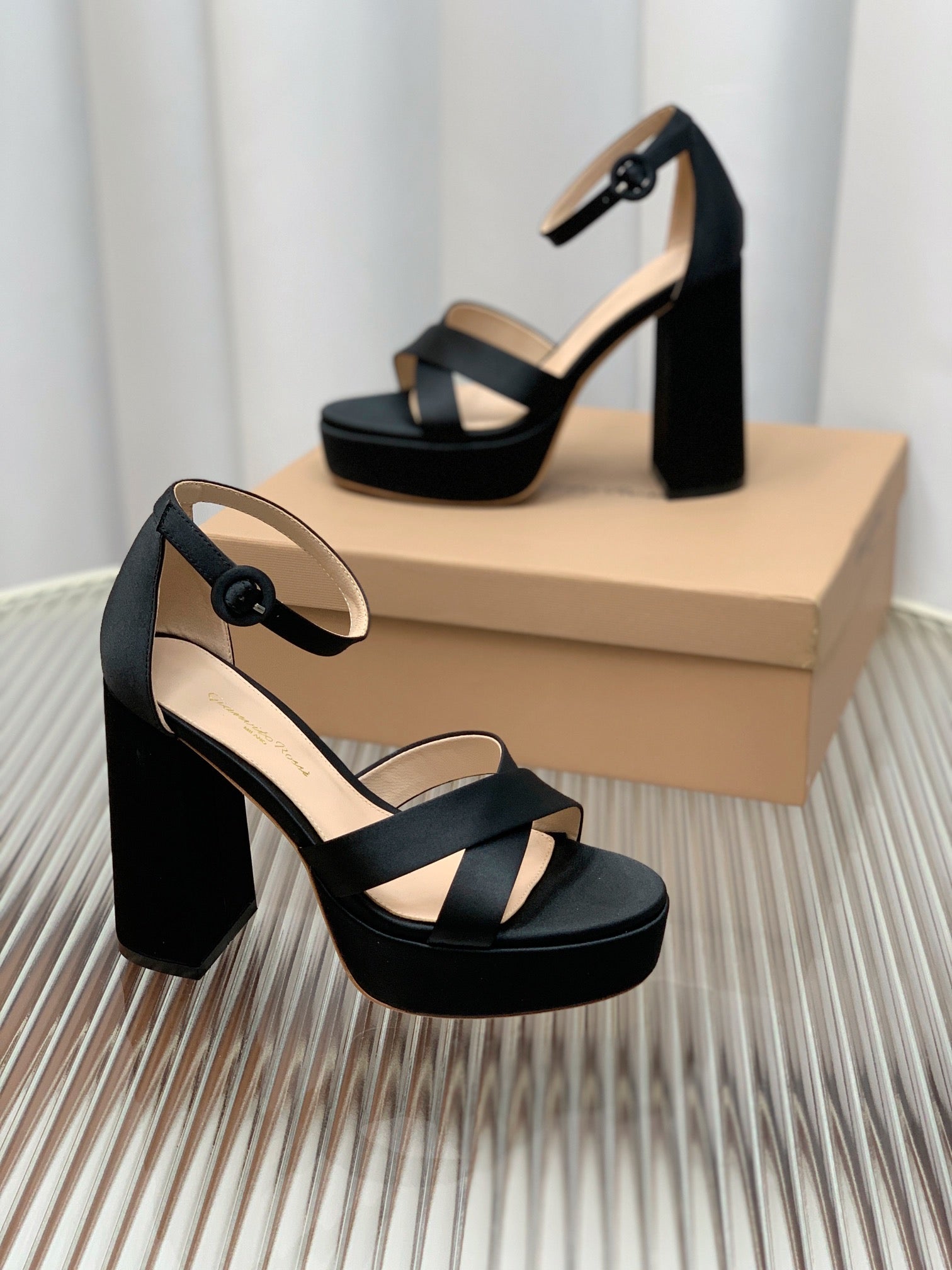 GIANVITO ROSSI 26S PLATFORM SANDALS 115 MM IN BLACK SATIN