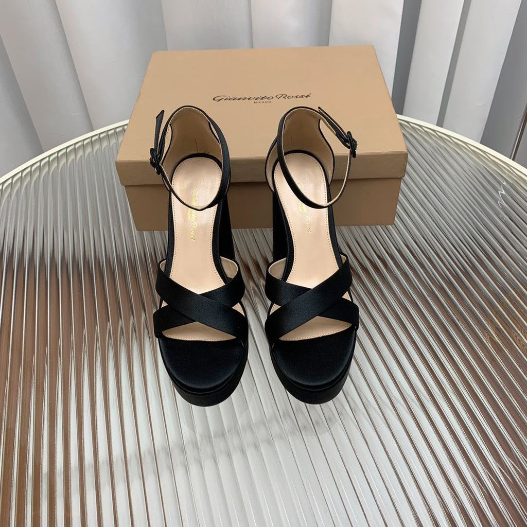 GIANVITO ROSSI 26S PLATFORM SANDALS 115 MM IN BLACK SATIN