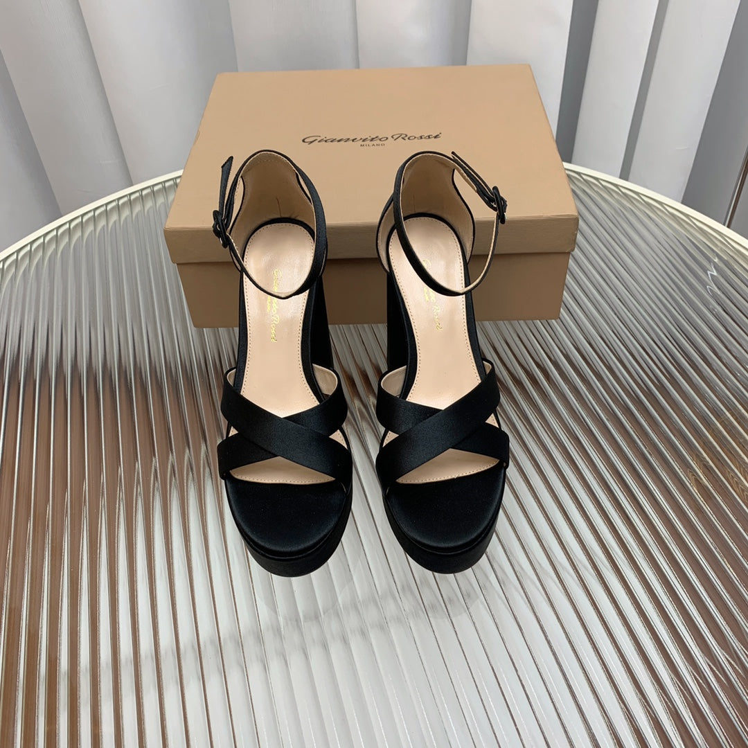 GIANVITO ROSSI 26S PLATFORM SANDALS 115 MM IN BLACK SATIN