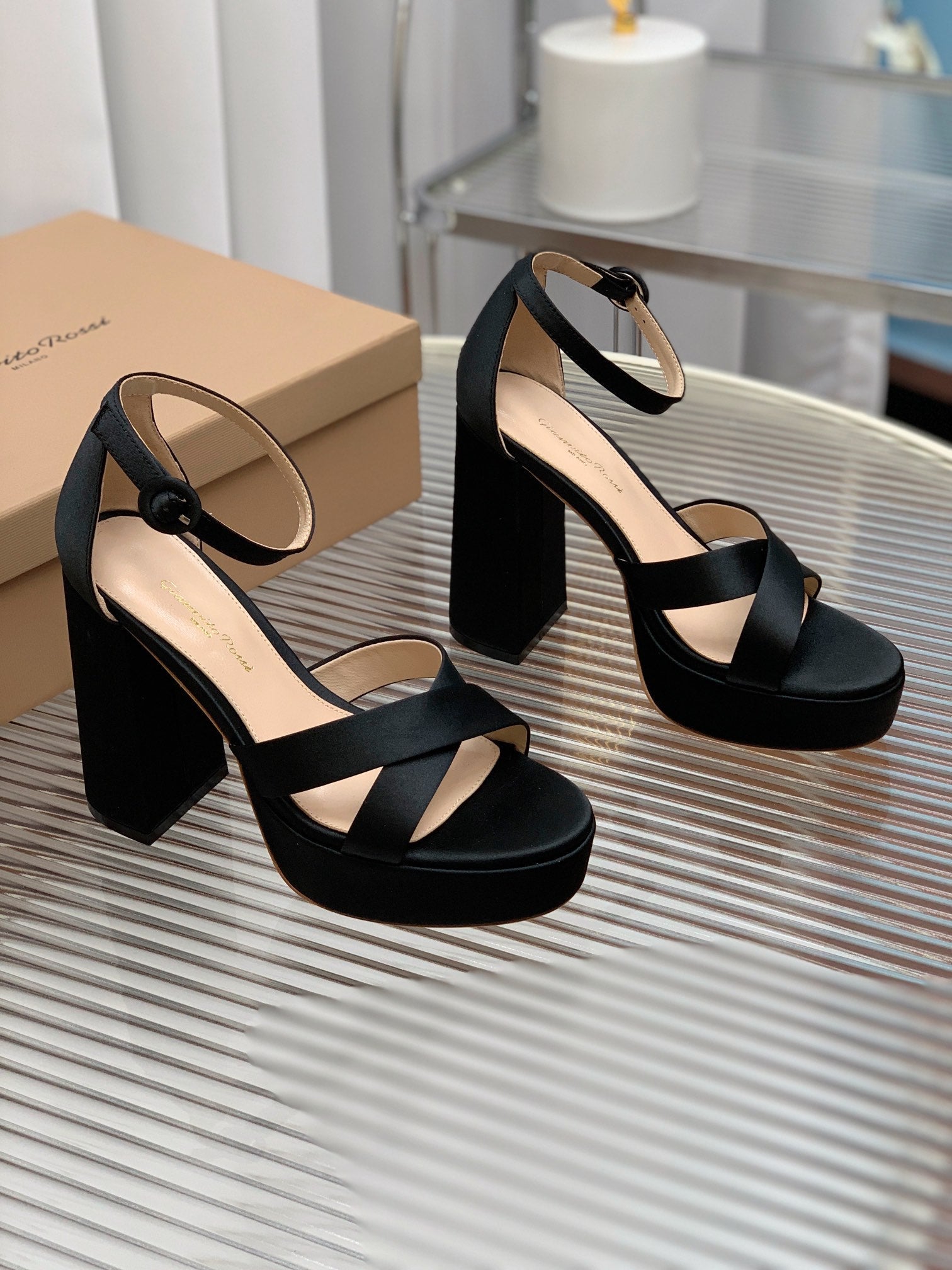 GIANVITO ROSSI 26S PLATFORM SANDALS 115 MM IN BLACK SATIN