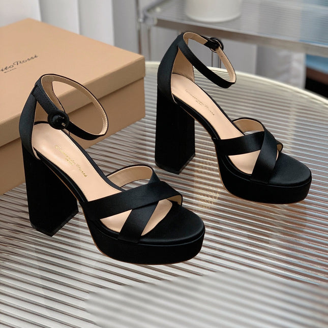 GIANVITO ROSSI 26S PLATFORM SANDALS 115 MM IN BLACK SATIN