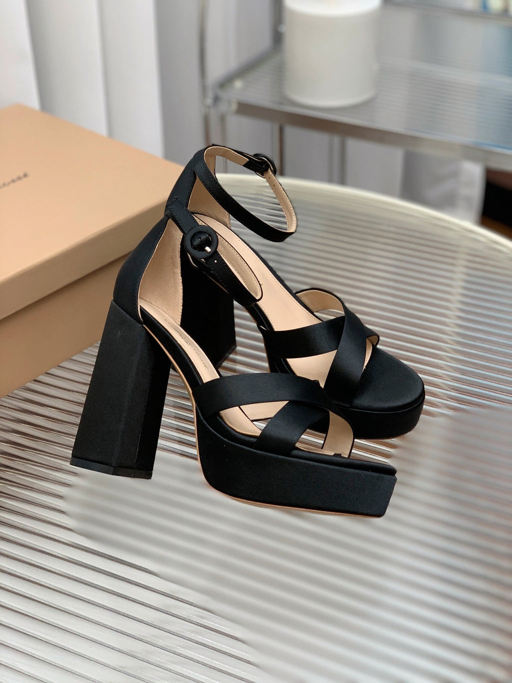 GIANVITO ROSSI 26S PLATFORM SANDALS 115 MM IN BLACK SATIN