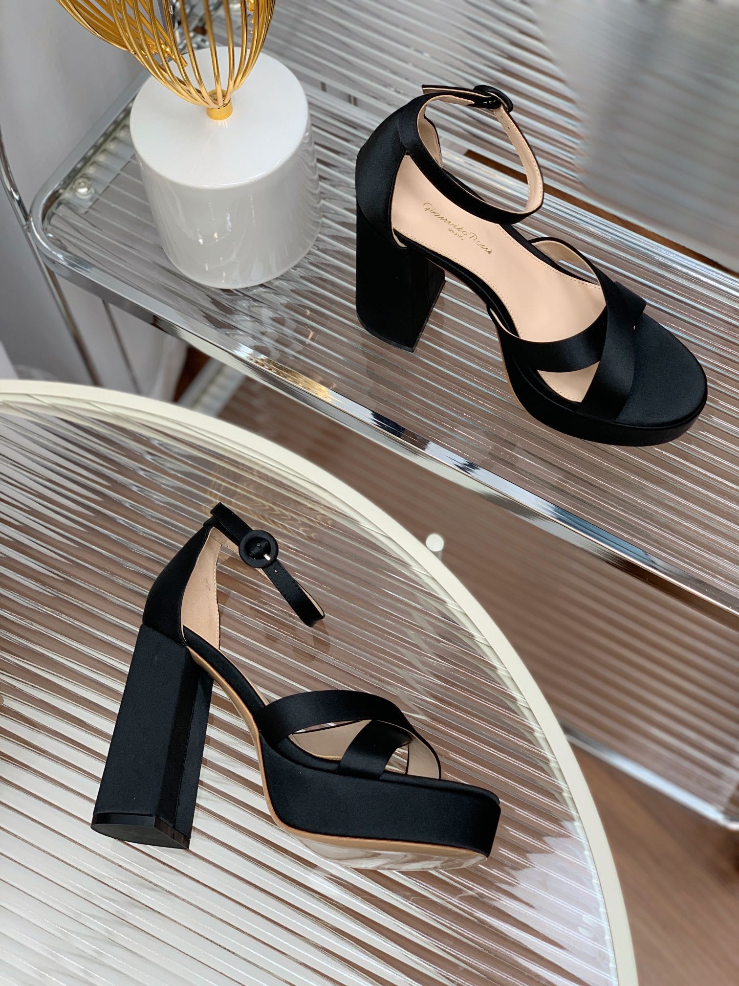 GIANVITO ROSSI 26S PLATFORM SANDALS 115 MM IN BLACK SATIN