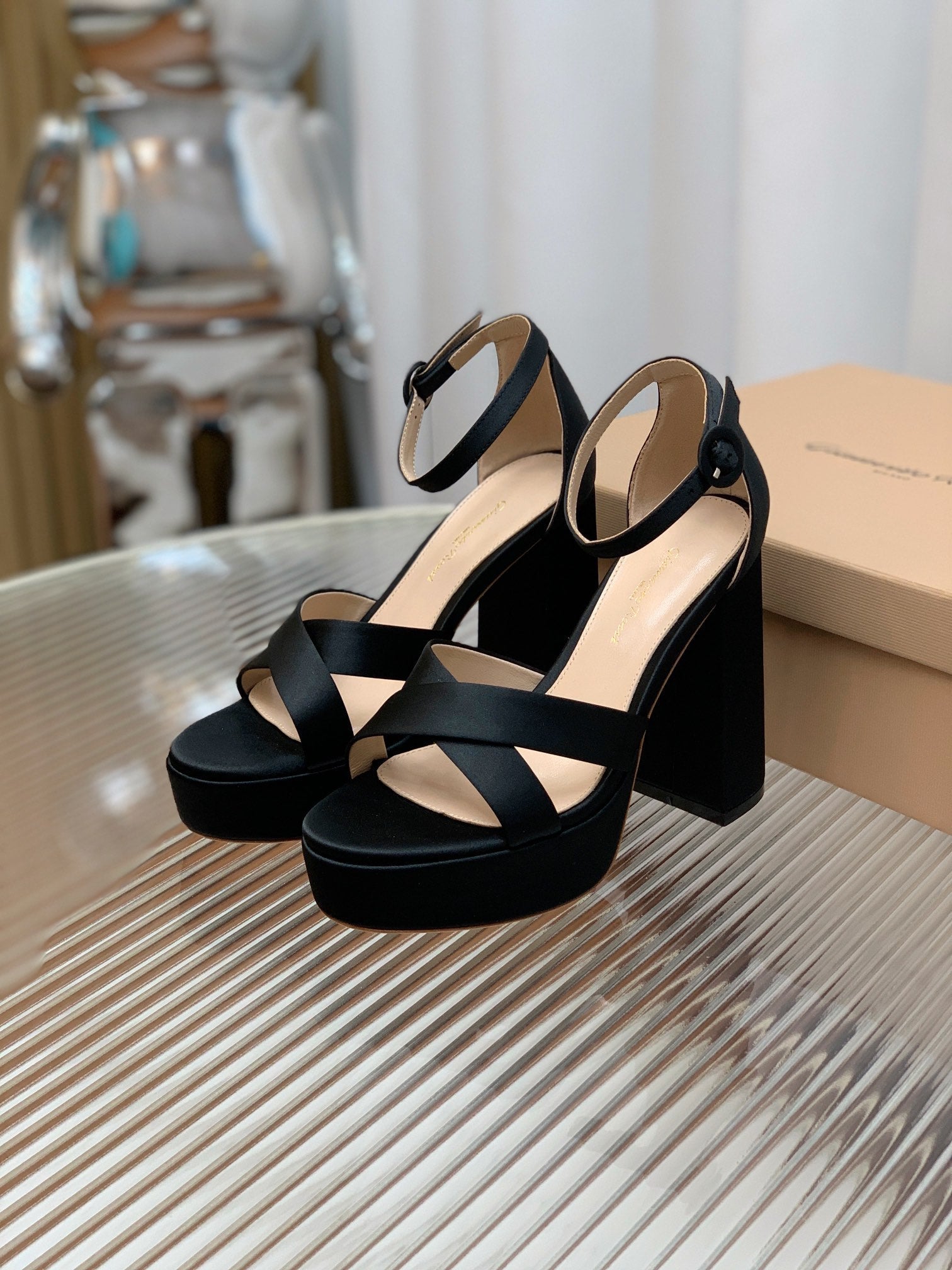 GIANVITO ROSSI 26S PLATFORM SANDALS 115 MM IN BLACK SATIN