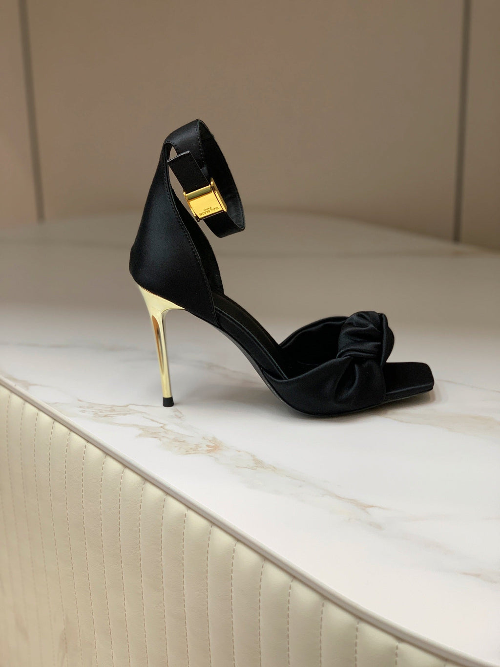 BALMAIN 25S KNOTTED HIGH HEELS 95MM IN BLACK SATIN