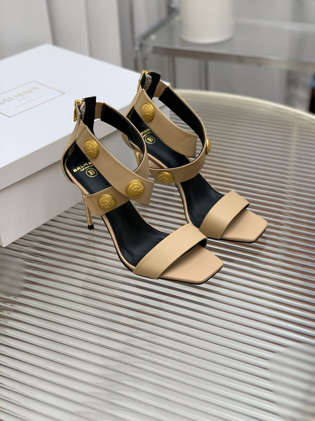 BALMAIN 25S CROSSOVER STRAP HIGH HEELS 95MM IN LIGHT BROWN CALFSKIN