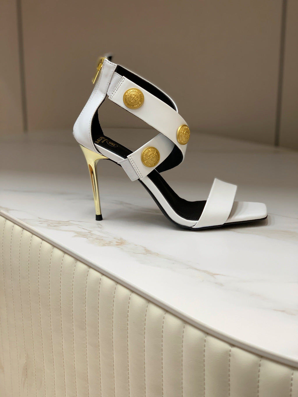 BALMAIN 25S CROSSOVER STRAP HIGH HEELS 95MM IN LIGHT GRAY CALFSKIN