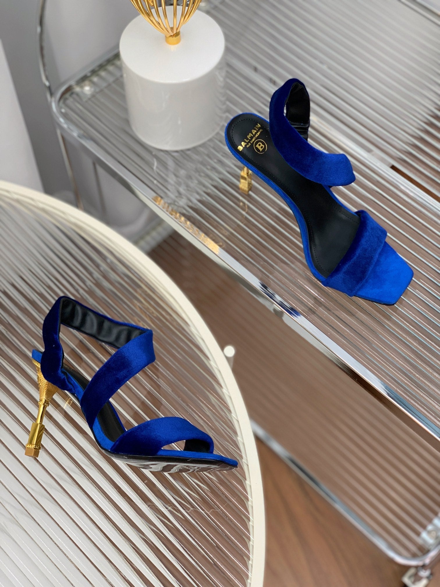 BALMAIN 25S MONETA HEELED SANDALS 95MM IN DARK BLUE VELVET