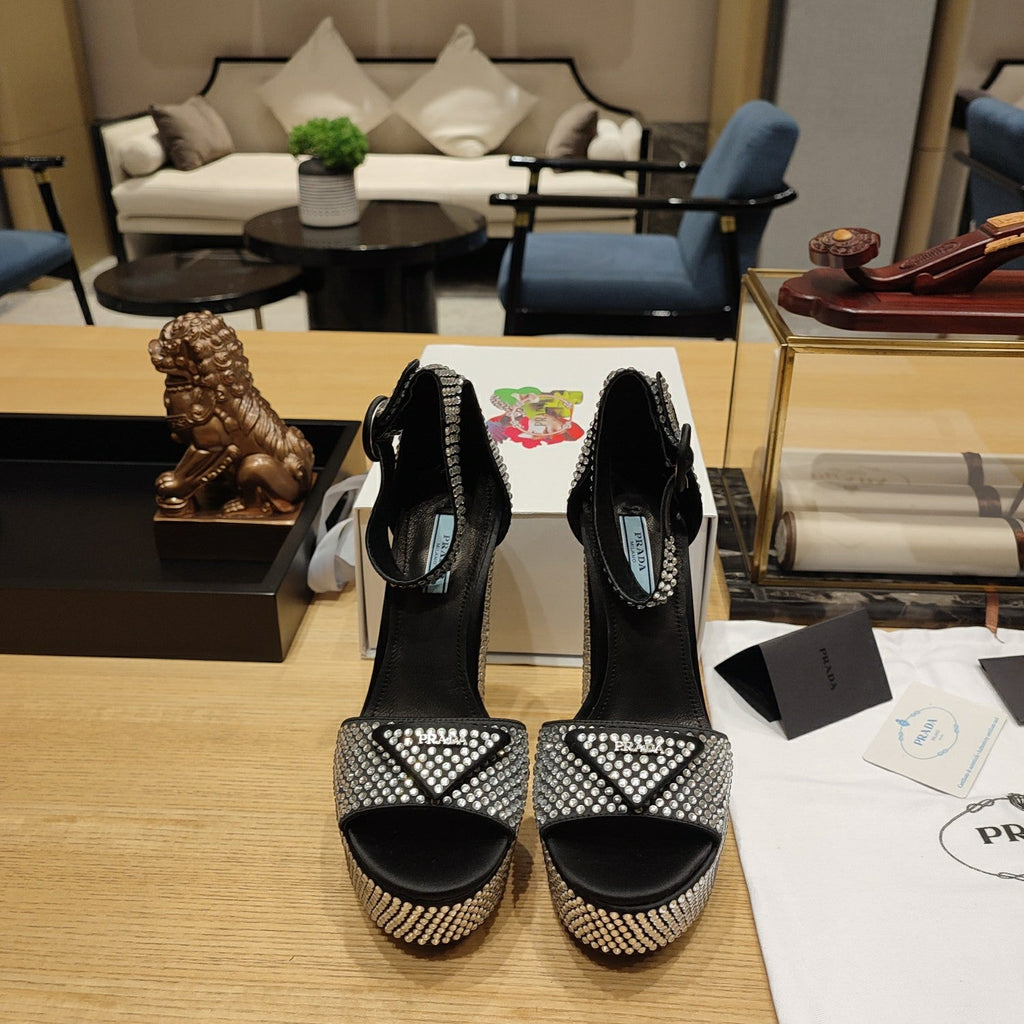 PRADA 26S RHINESTONE PLATFORM ANKLE STRAP SANDALS 135MM IN BLACK SATIN