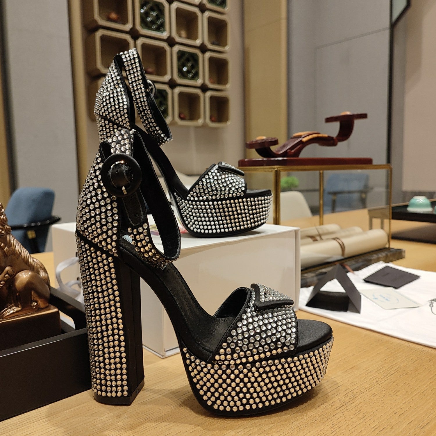 PRADA 26S RHINESTONE PLATFORM ANKLE STRAP SANDALS 135MM IN BLACK SATIN
