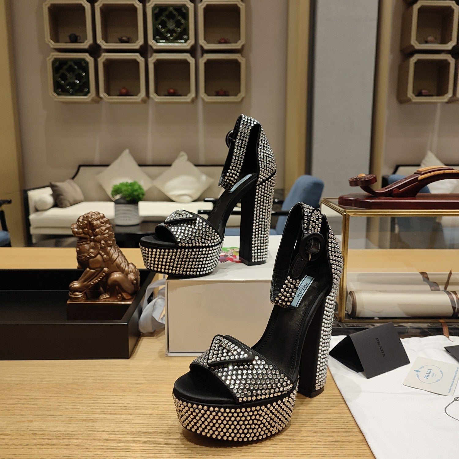 PRADA 26S RHINESTONE PLATFORM ANKLE STRAP SANDALS 135MM IN BLACK SATIN