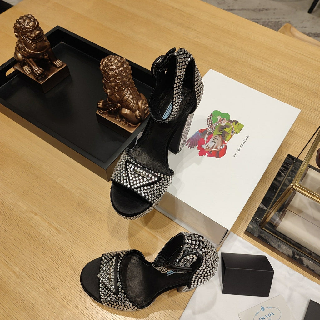 PRADA 26S RHINESTONE PLATFORM ANKLE STRAP SANDALS 135MM IN BLACK SATIN