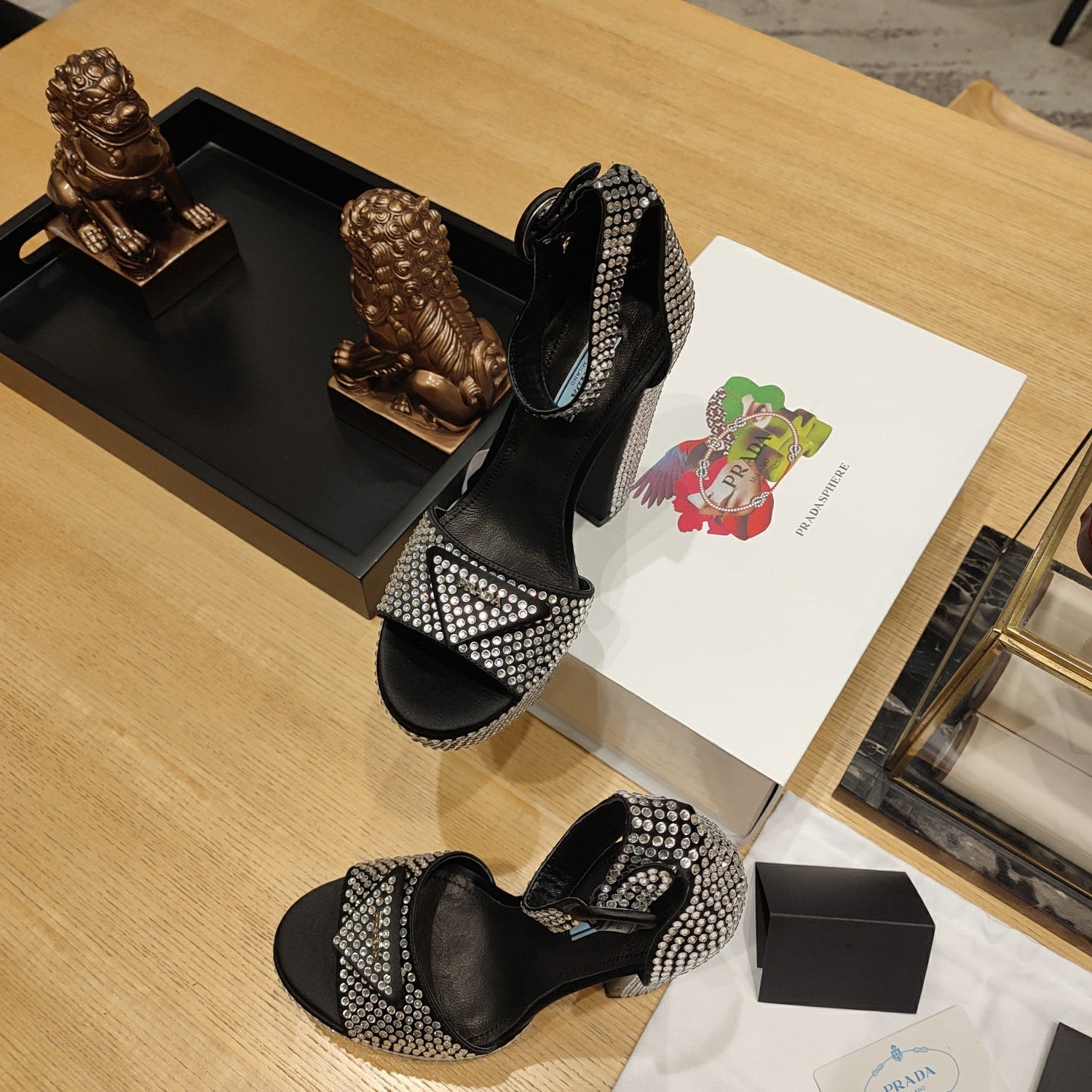 PRADA 26S RHINESTONE PLATFORM ANKLE STRAP SANDALS 135MM IN BLACK SATIN