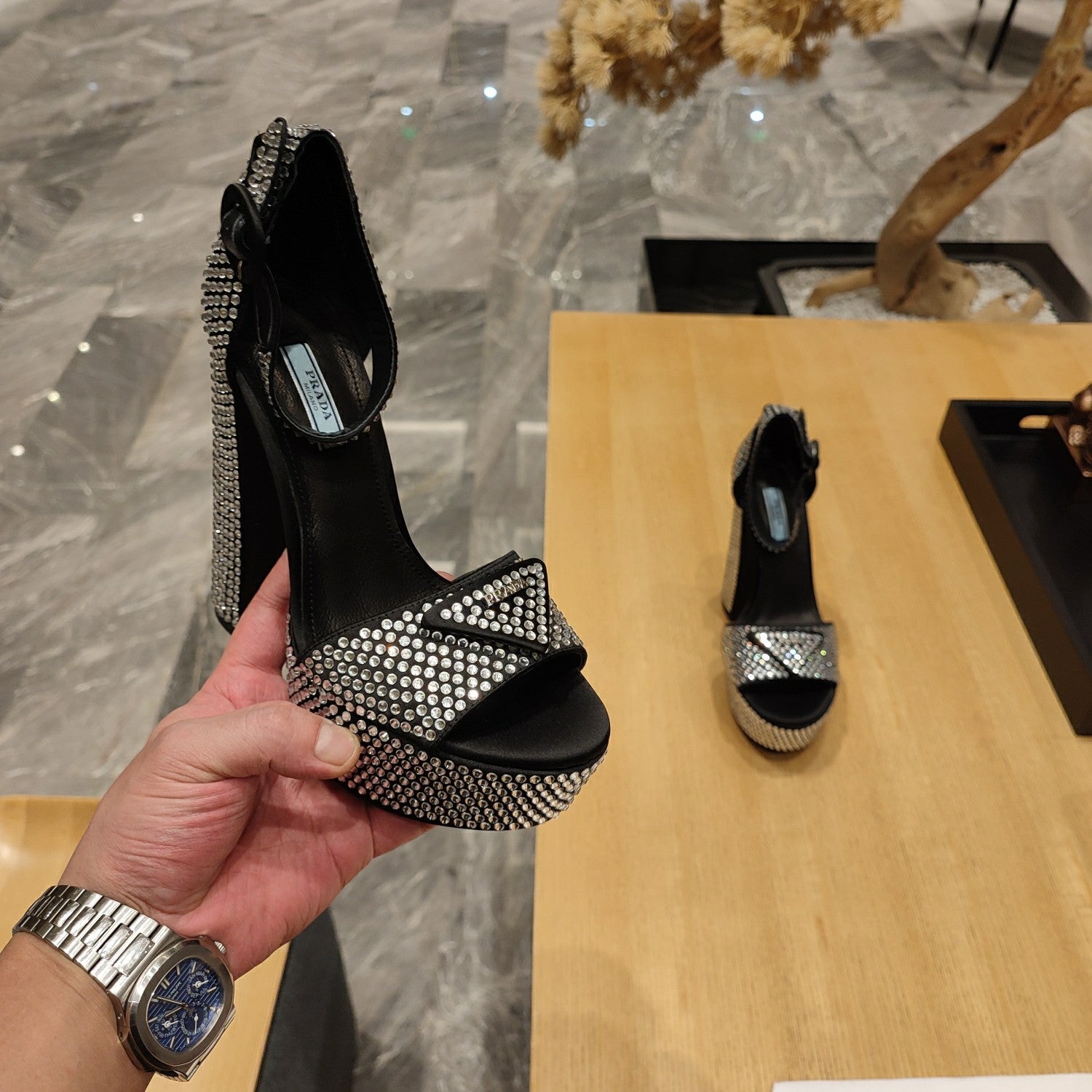 PRADA 26S RHINESTONE PLATFORM ANKLE STRAP SANDALS 135MM IN BLACK SATIN