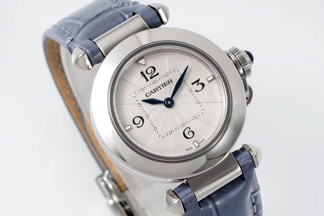 PASHA DE CARTIER WATCH SILVER CASE WITH STONE BLUE LEATHER STRAP
