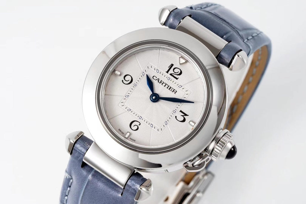 PASHA DE CARTIER WATCH SILVER CASE WITH STONE BLUE LEATHER STRAP