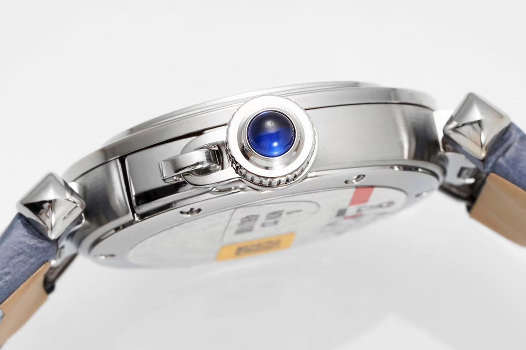 PASHA DE CARTIER WATCH SILVER CASE WITH STONE BLUE LEATHER STRAP