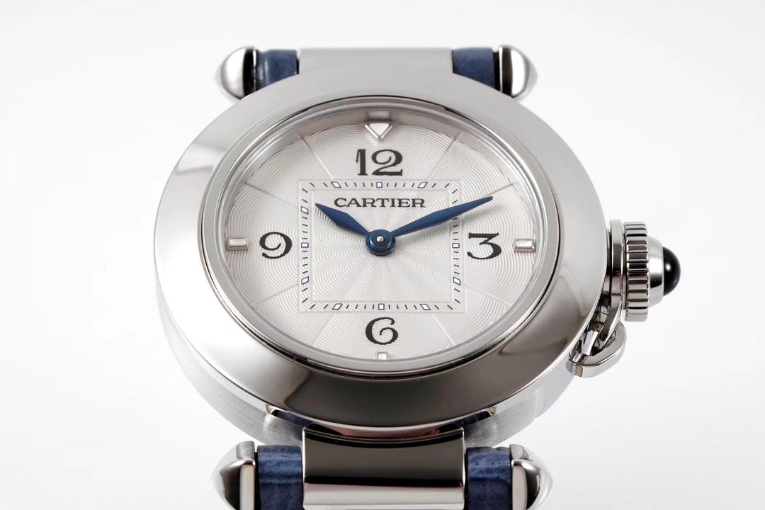 PASHA DE CARTIER WATCH SILVER CASE WITH STONE BLUE LEATHER STRAP