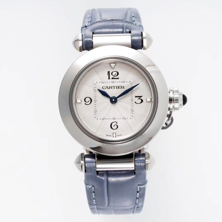 PASHA DE CARTIER WATCH SILVER CASE WITH STONE BLUE LEATHER STRAP
