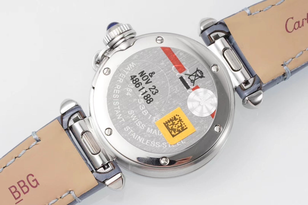 PASHA DE CARTIER WATCH SILVER CASE WITH STONE BLUE LEATHER STRAP