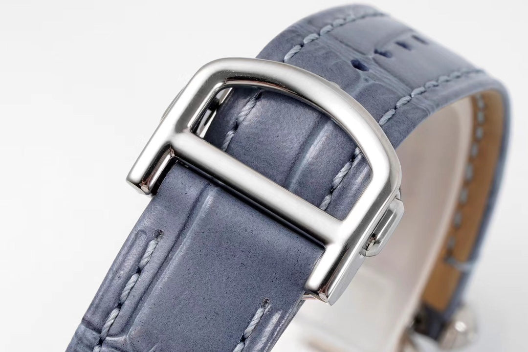PASHA DE CARTIER WATCH SILVER CASE WITH STONE BLUE LEATHER STRAP