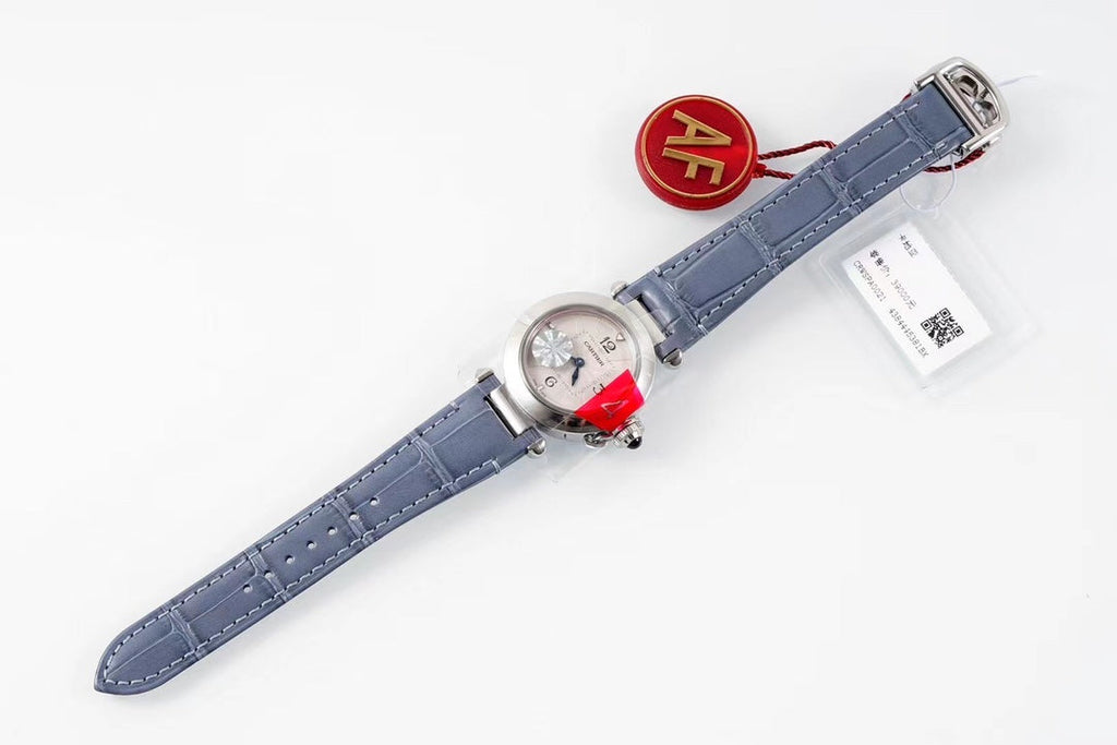 PASHA DE CARTIER WATCH SILVER CASE WITH STONE BLUE LEATHER STRAP