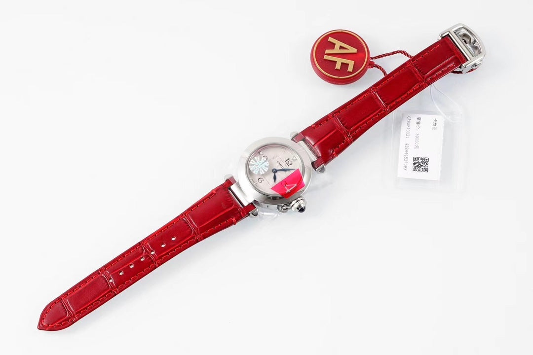 PASHA DE CARTIER WATCH SILVER CASE WITH CRIMSON RED LEATHER STRAP