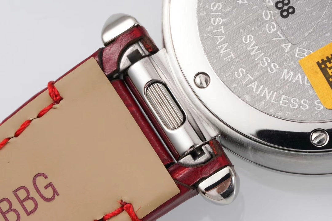PASHA DE CARTIER WATCH SILVER CASE WITH CRIMSON RED LEATHER STRAP