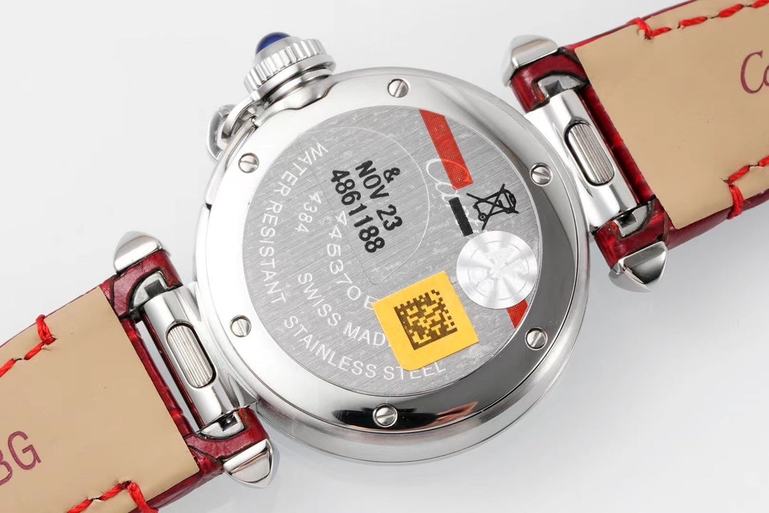 PASHA DE CARTIER WATCH SILVER CASE WITH CRIMSON RED LEATHER STRAP