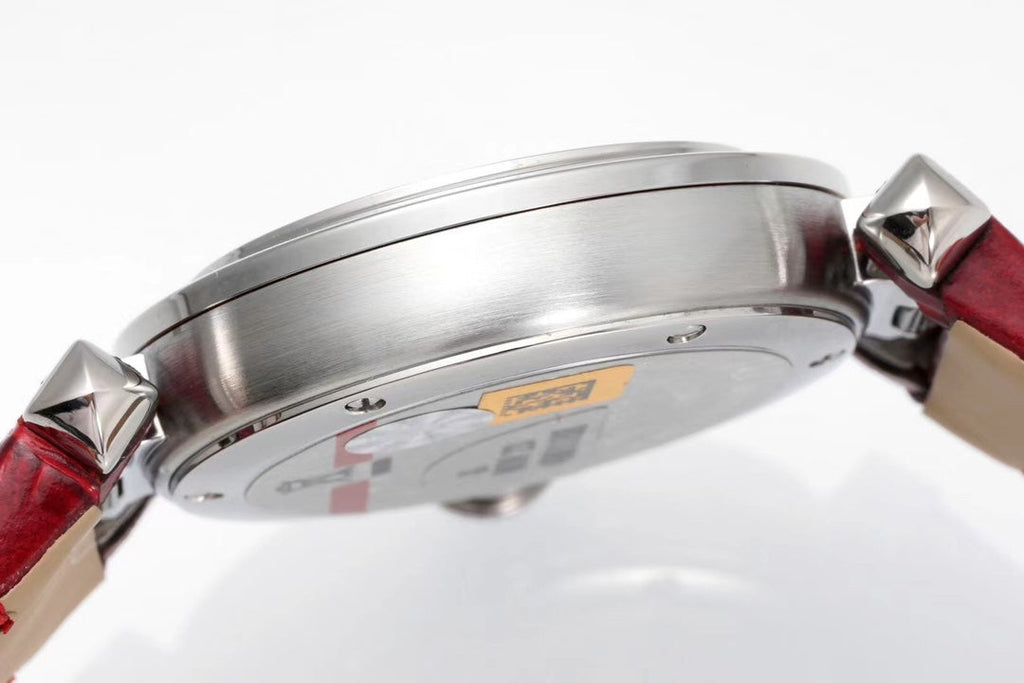PASHA DE CARTIER WATCH SILVER CASE WITH CRIMSON RED LEATHER STRAP