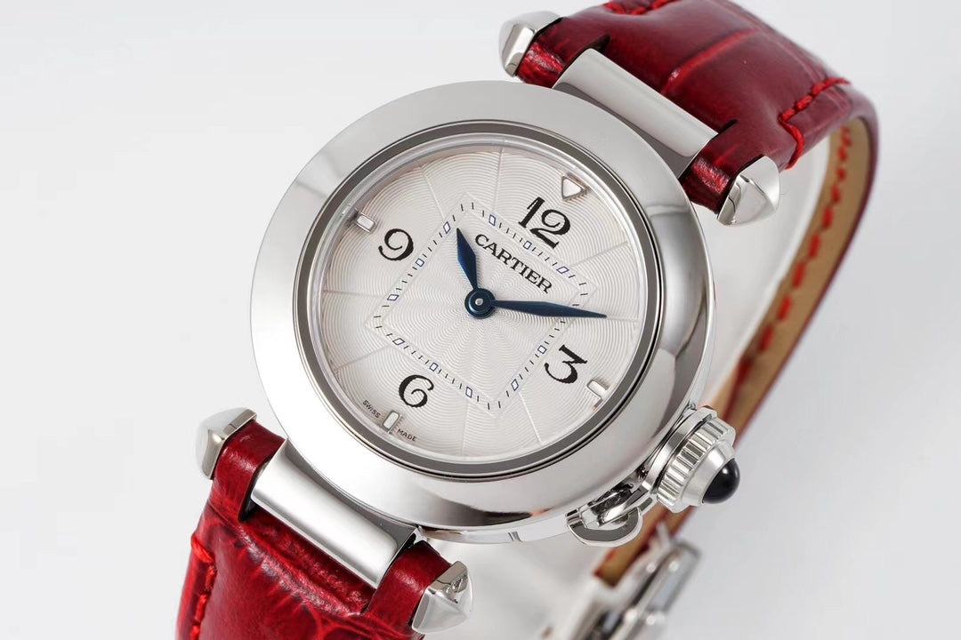 PASHA DE CARTIER WATCH SILVER CASE WITH CRIMSON RED LEATHER STRAP